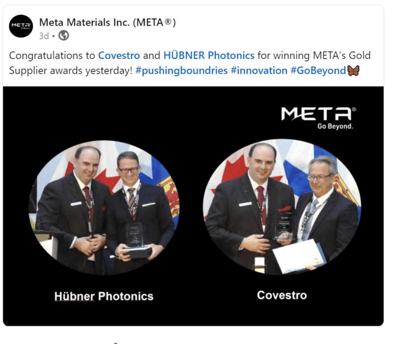 Gold Supplier Award from Meta Materials Inc. HÜBNER Photonics