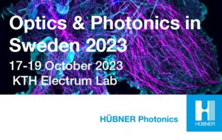 white text optics and photonics sweden 2023 17-19 october at KTH electrum in kista och a purple and blue microscpy cell image