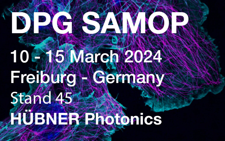 white text dpg samop 10-15 march 2024, freiburg, germany, stand 45 Hubner photonics