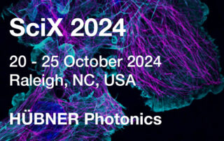 White text that read SciX 2024, 20 to 25th october 2024, Raleigh, NC, USA, Hubner photonics